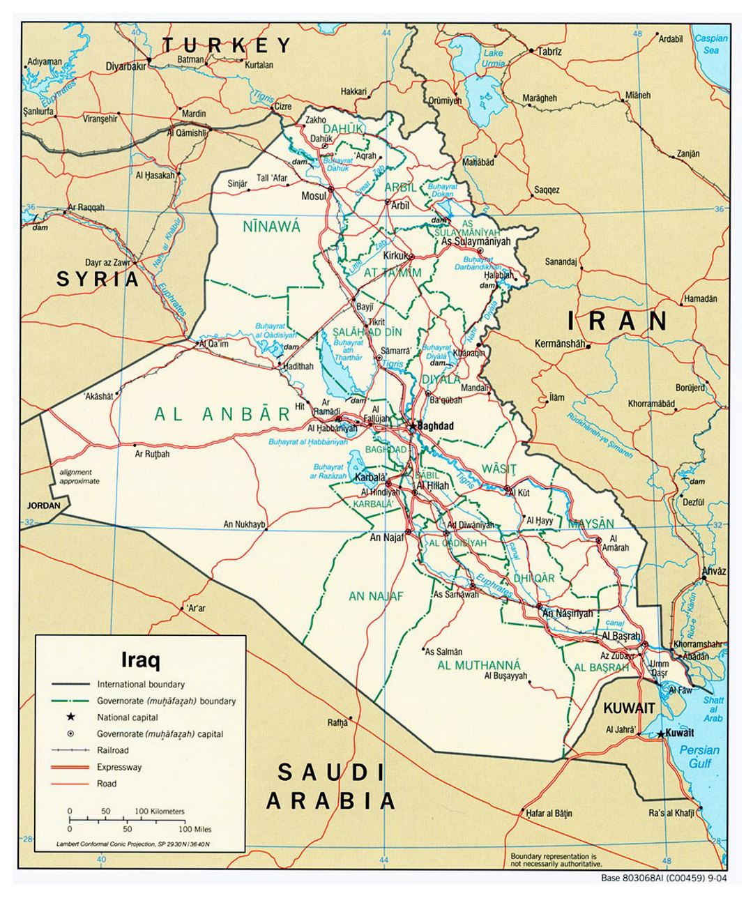 Большая политическая и административная карта Ирака с дорогами и городами - 2004