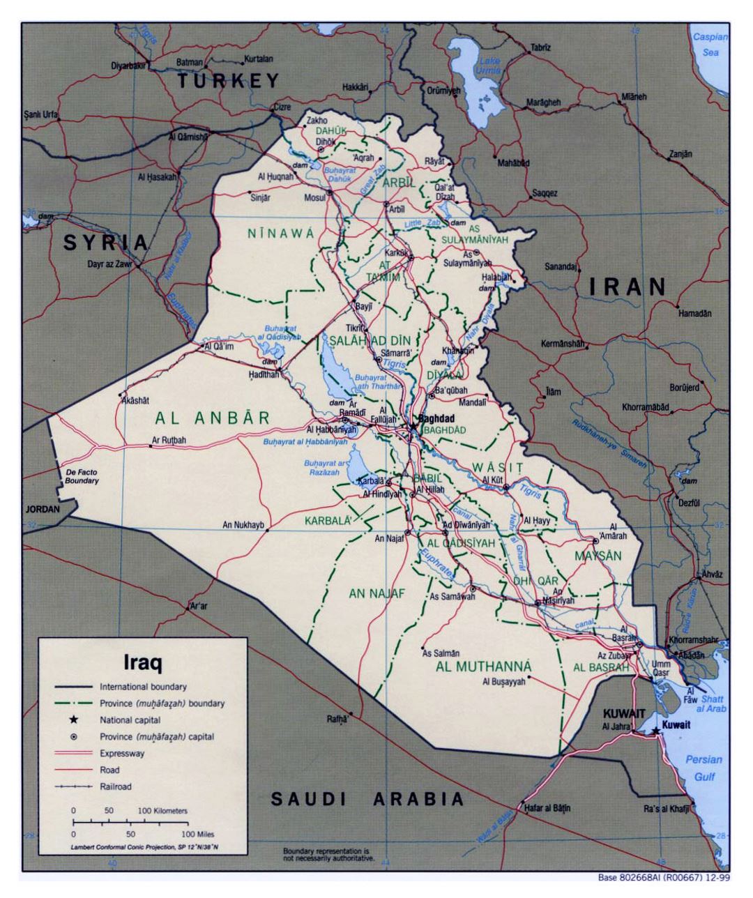 Большая политическая и административная карта Ирака с дорогами, железными дорогами и крупными городами - 1999