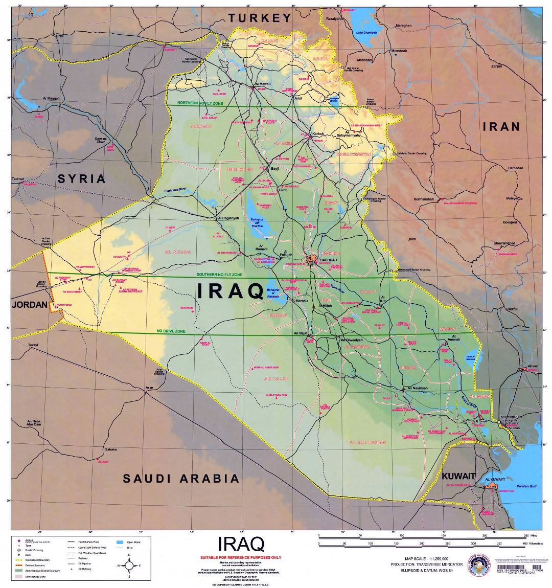 Большая политическая карта и карта высот Ирака с дорогами, городами и аэропортами