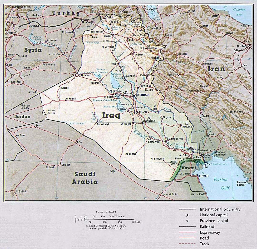 Большая политическая карта Ирака с рельефом, дорогами, железными дорогами и крупными городами