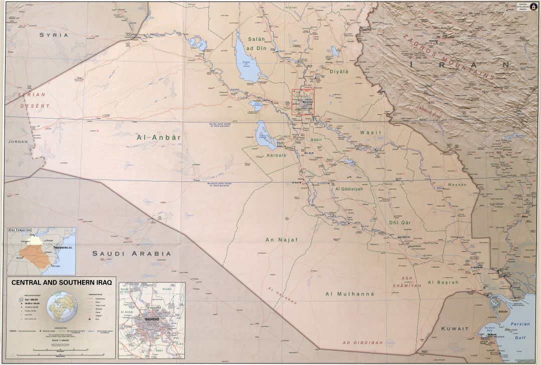 Крупномасштабная детальная политическая и административная карта Центрального и Южного Ирака с рельефом, дорогами, железными дорогами, городами, портами, аэропортами и другими пометками - 2003