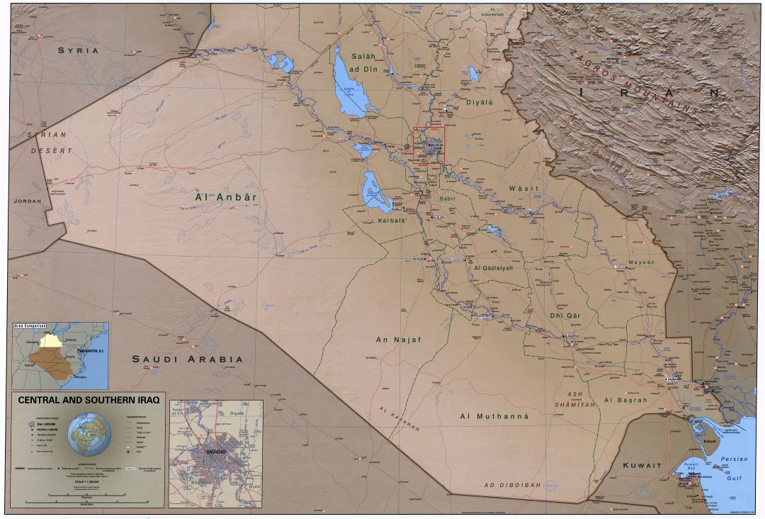 Крупномасштабная детальная политическая и административная карта Центрального и Южного Ирака с рельефом, дорогами, железными дорогами, городами, портами, аэропортами и другими пометками - 2004