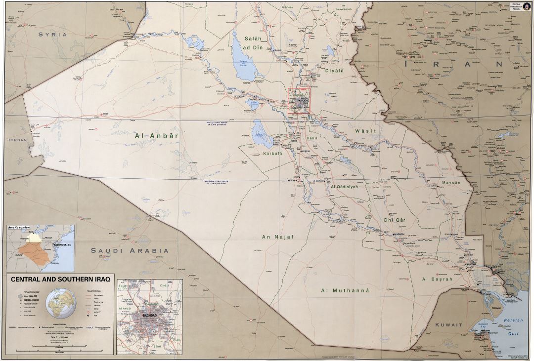 Крупномасштабная детальная политическая и административная карта Центрального и Южного Ирака с дорогами, железными дорогами, городами, портами, аэропортами и другими пометками - 2003