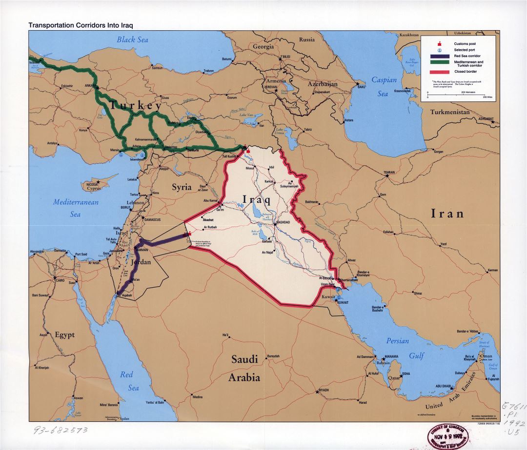 Крупномасштабная карта транспортных коридоров в Ираке - 1992