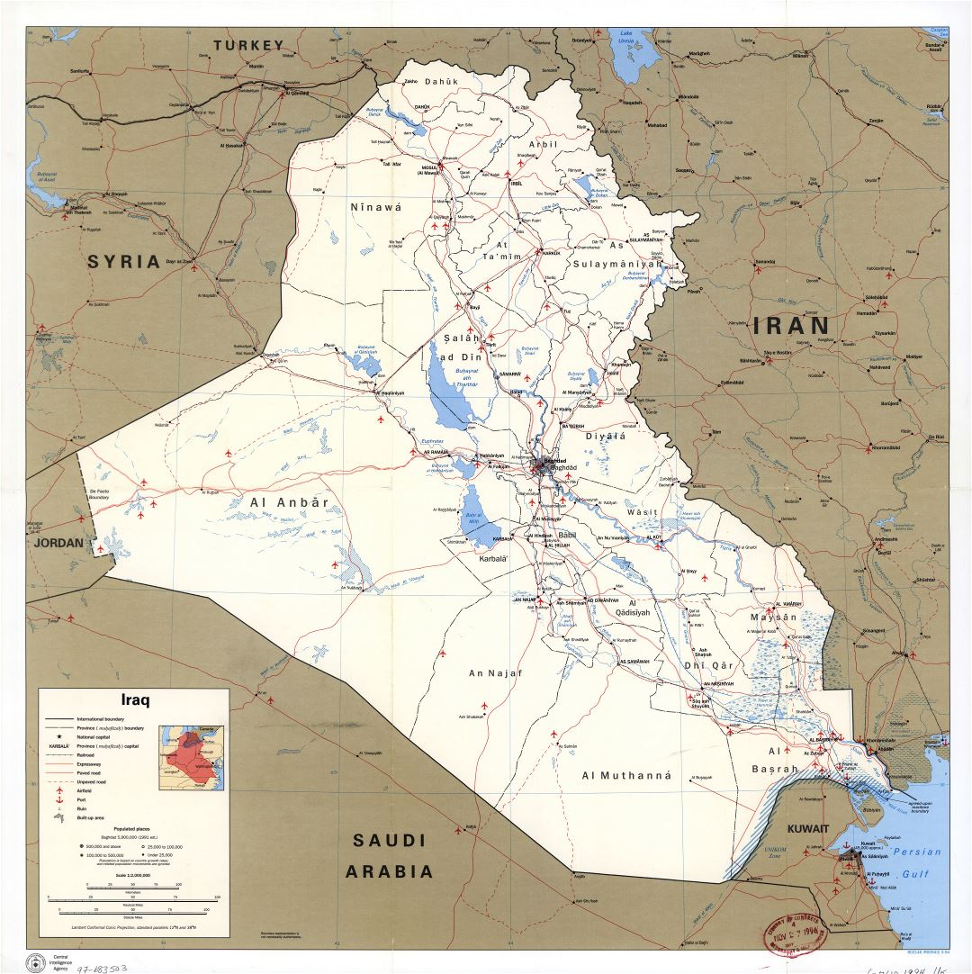 Крупномасштабная политическая и административная карта Ирака с дорогами, железными дорогами, городами, портами, аэропортами и другими пометками - 1994