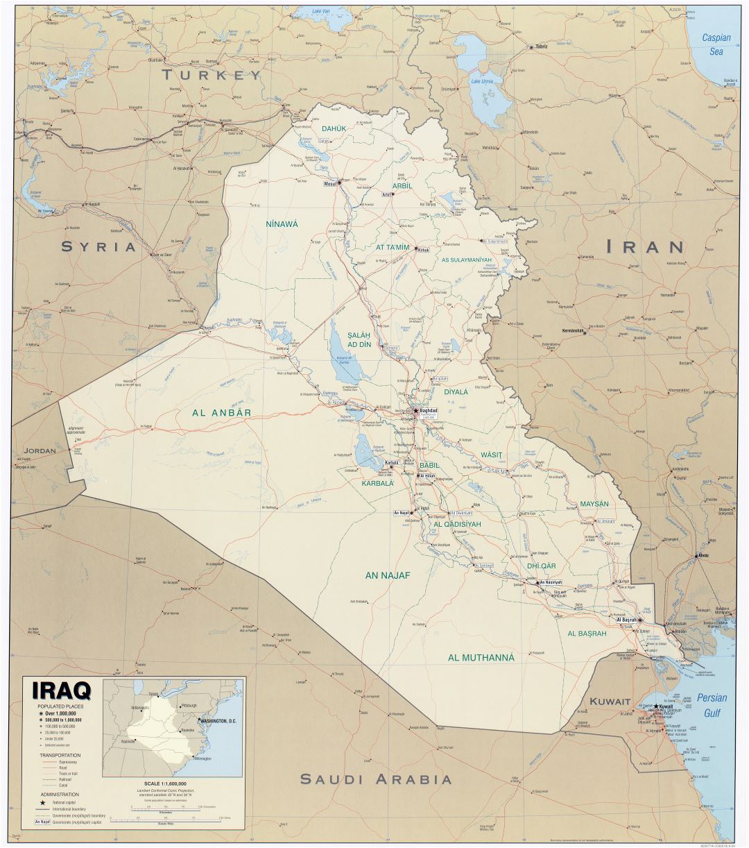 Крупномасштабная политическая карта Ирака с другими пометками - 2004
