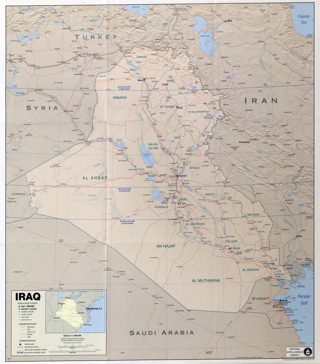 Крупномасштабная политическая карта Ирака с рельефом и другими пометками - 2003