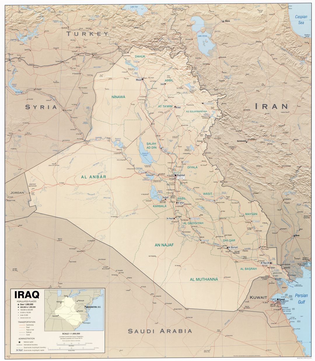 Крупномасштабная политическая карта Ирака с рельефом и другими пометками - 2004
