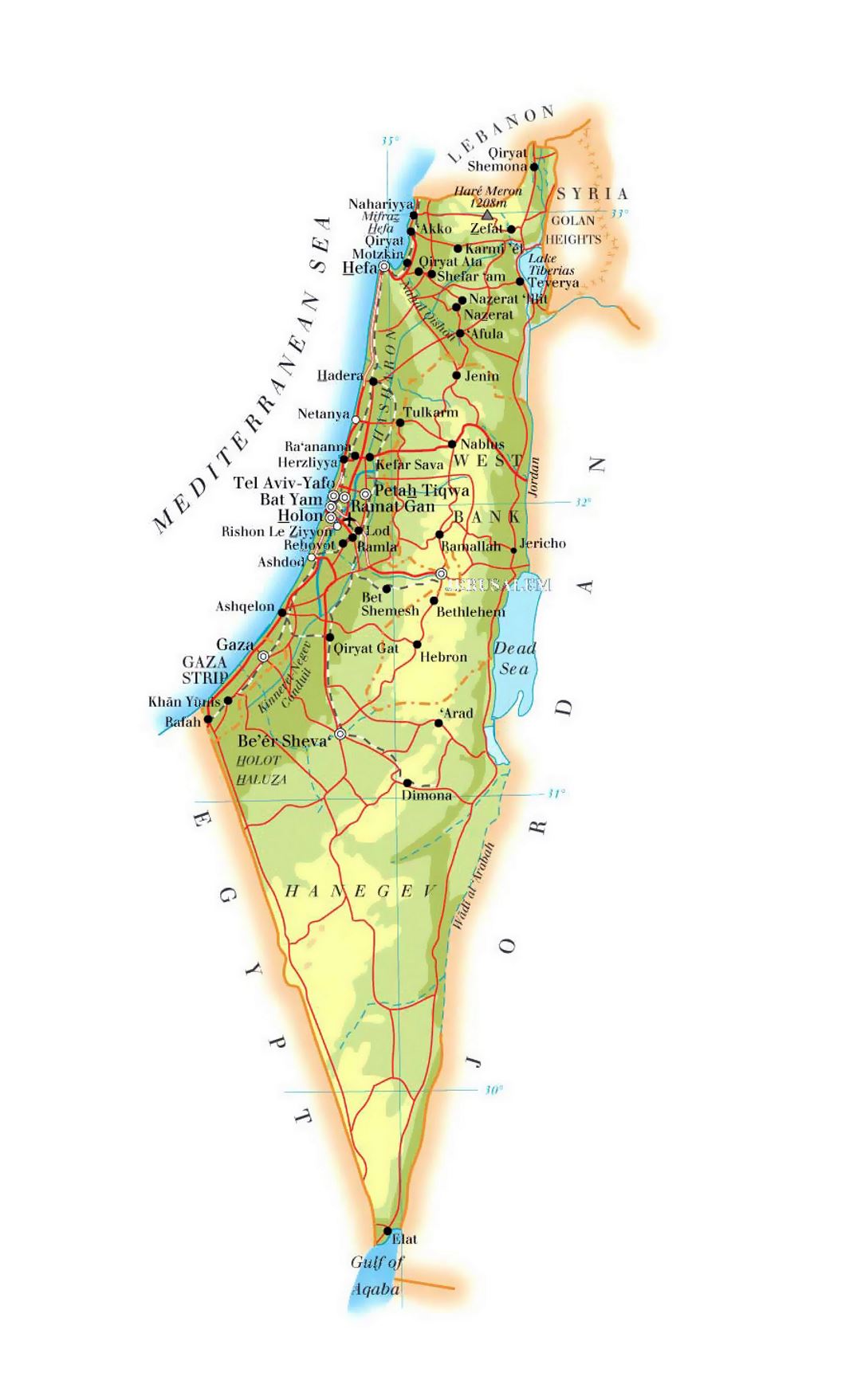 Детальная карта высот Израиля с дорогами, городами и аэропортами