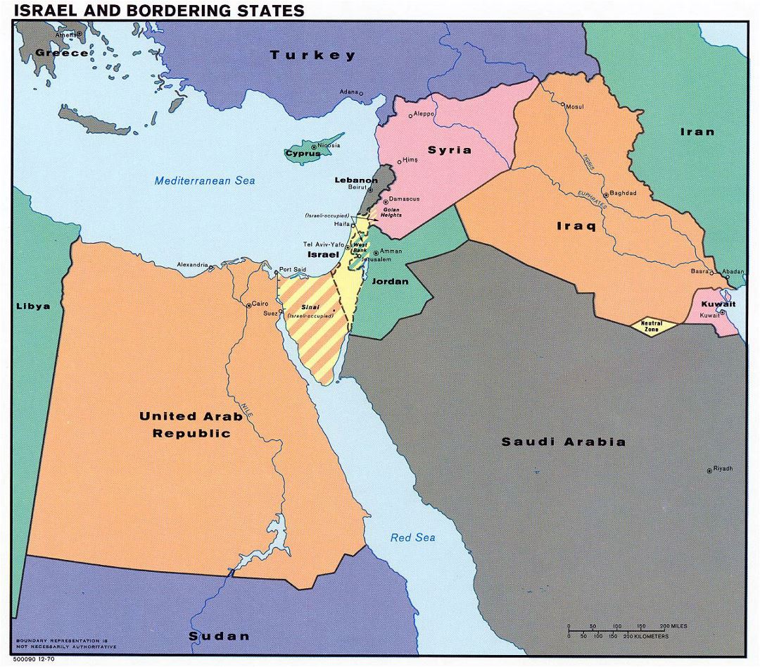 Детальная карта Израиля и приграничных государств - 1970