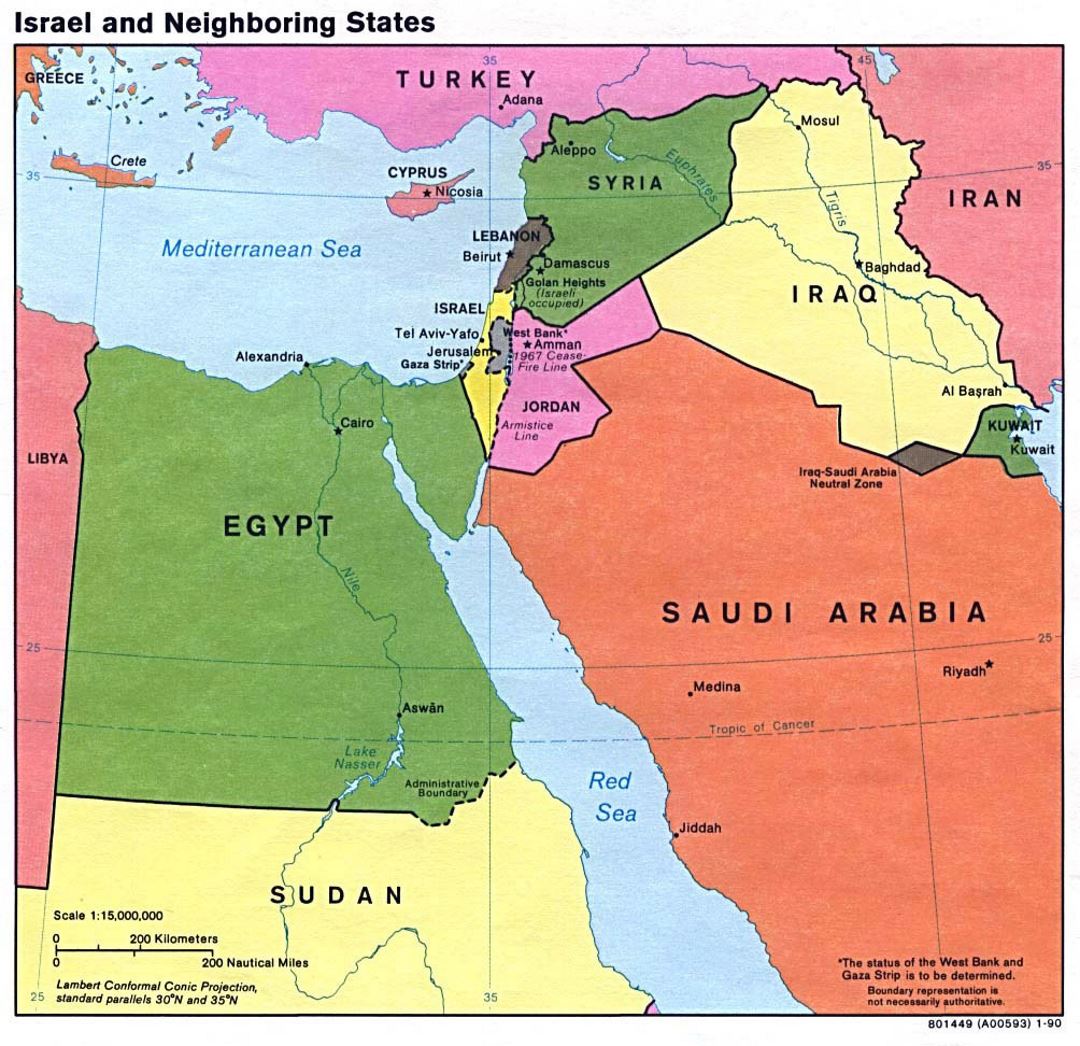 Детальная карта Израиля и соседних государств - 1990