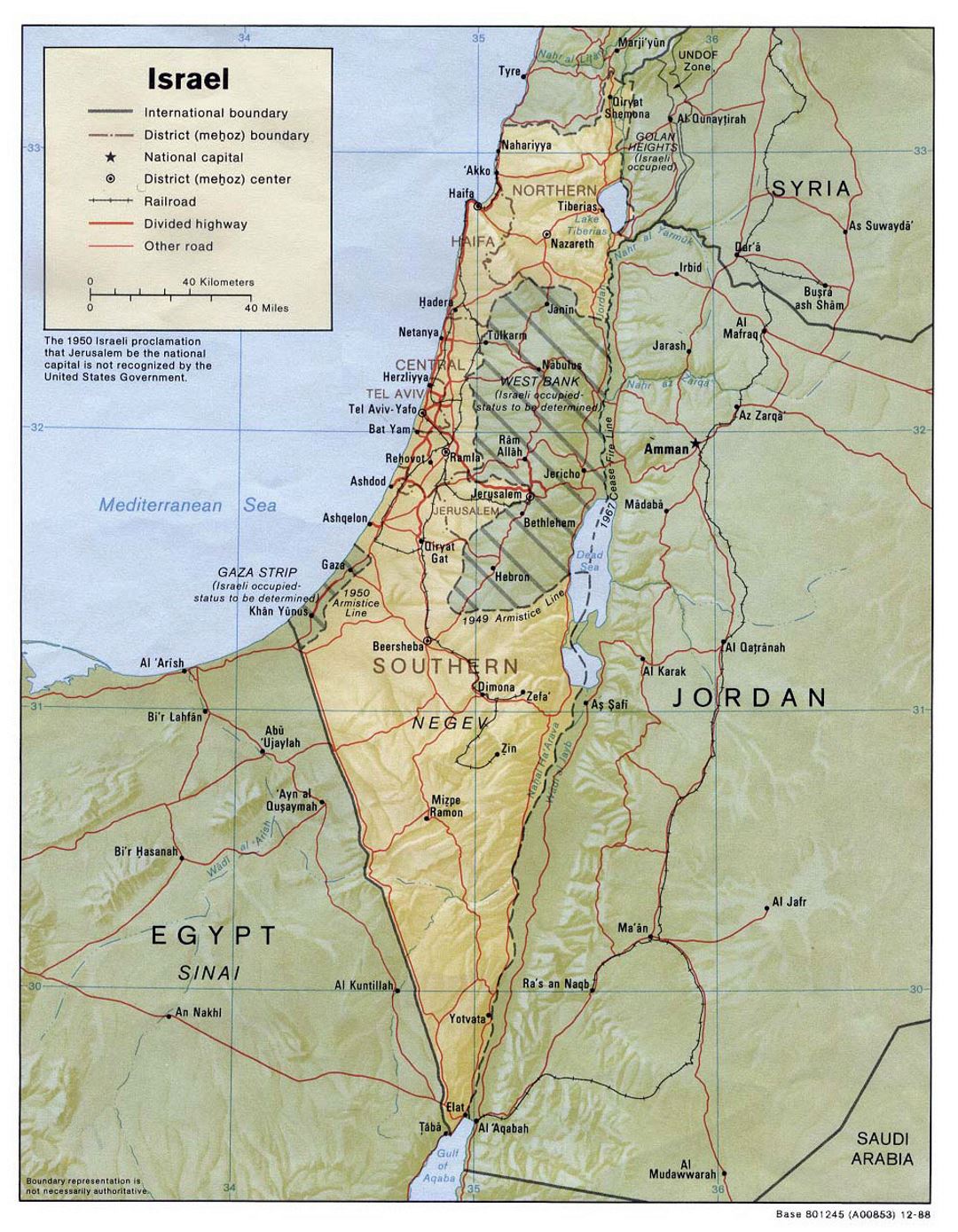 Детальная политическая и административная карта Израиля с рельефом, дорогами, железными дорогами и городами - 1988