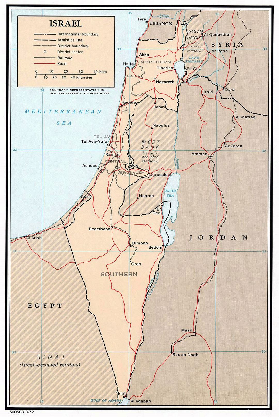 Детальная политическая и административная карта Израиля с дорогами, железными дорогами и крупными городами - 1972