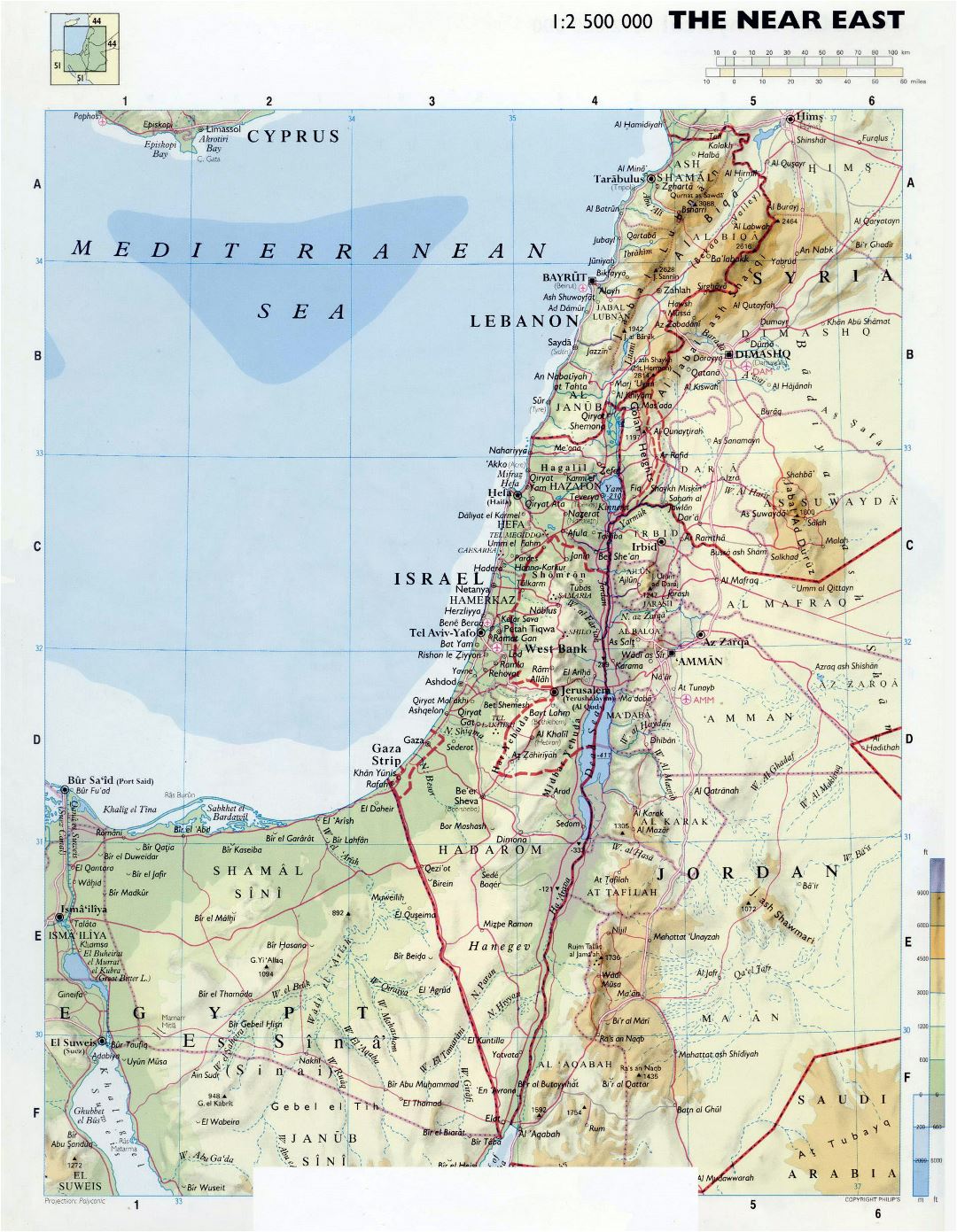 Большая детальная физическая карта Израиля