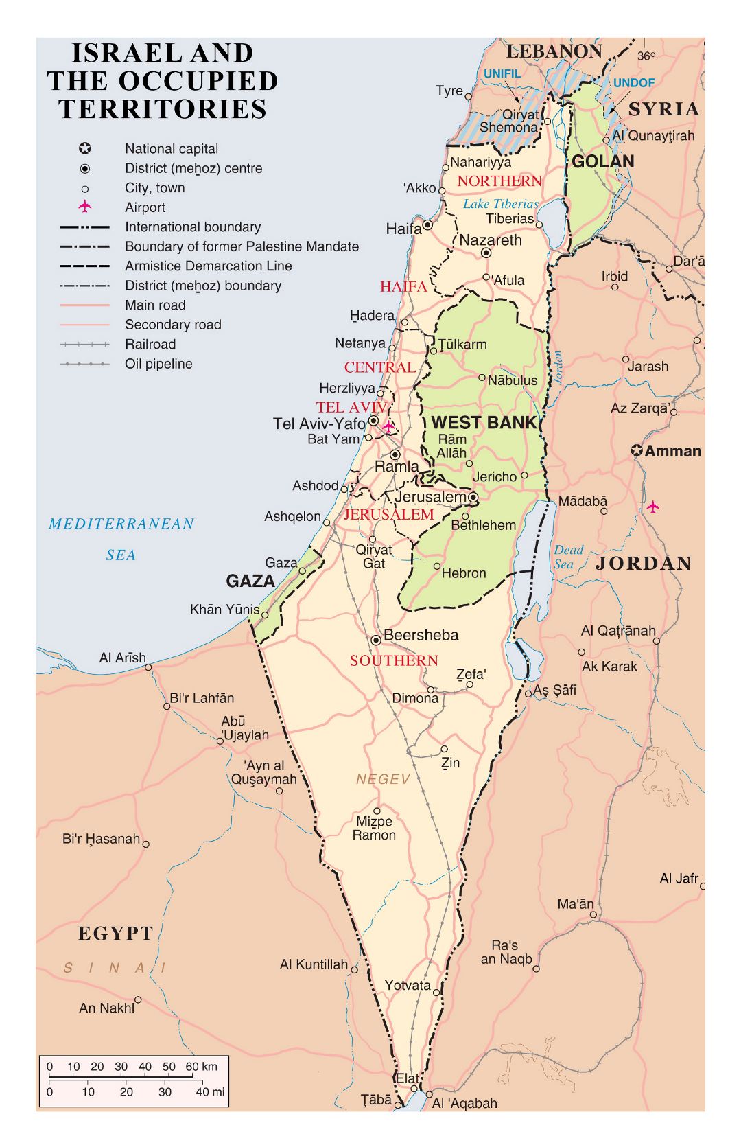 Большая детальная политическая и административная карта Израиля и оккупированных территорий с дорогами, городами, аэропортами и другими пометками