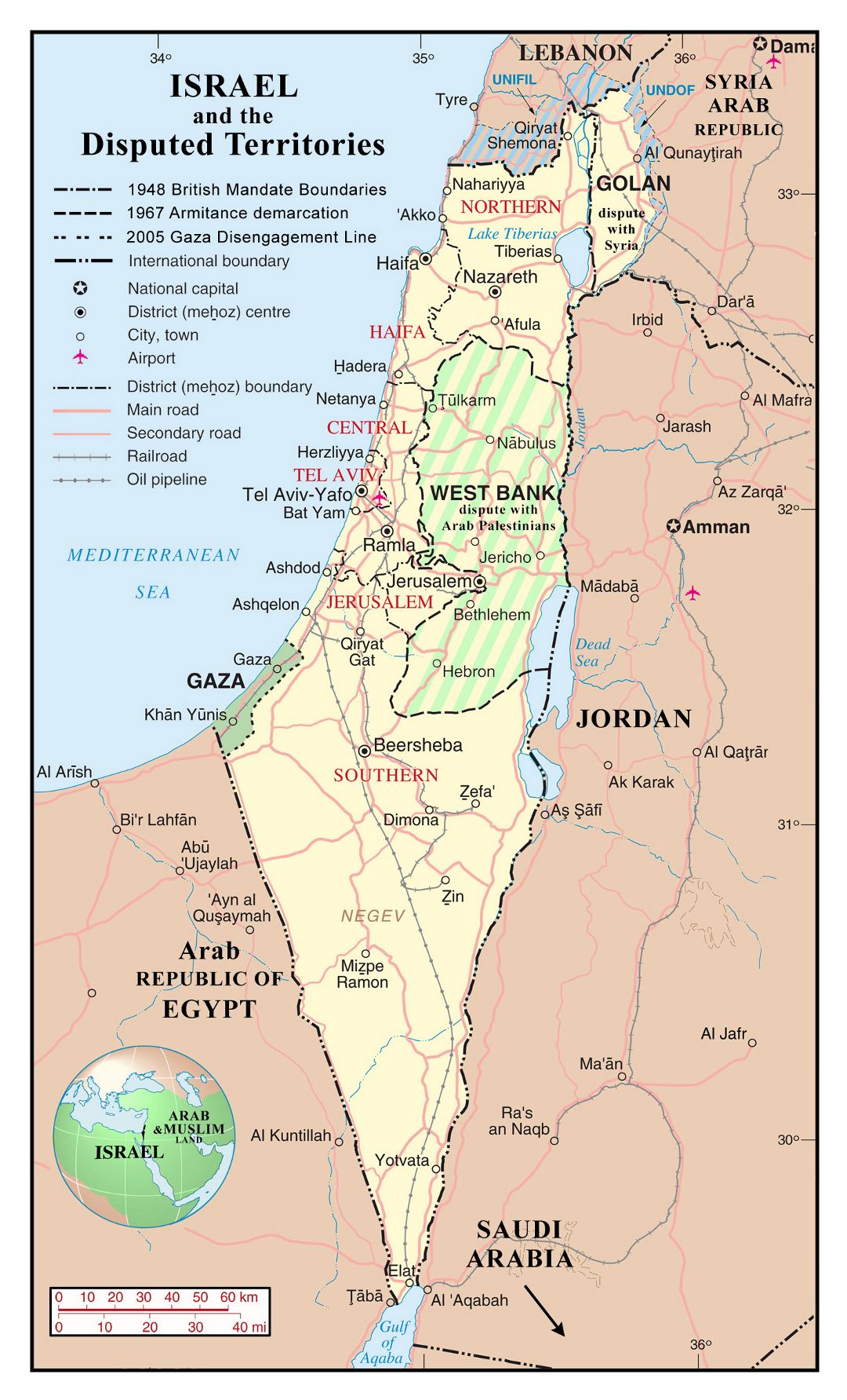 Большая детальная политическая и административная карта Израиля со спорными территориями