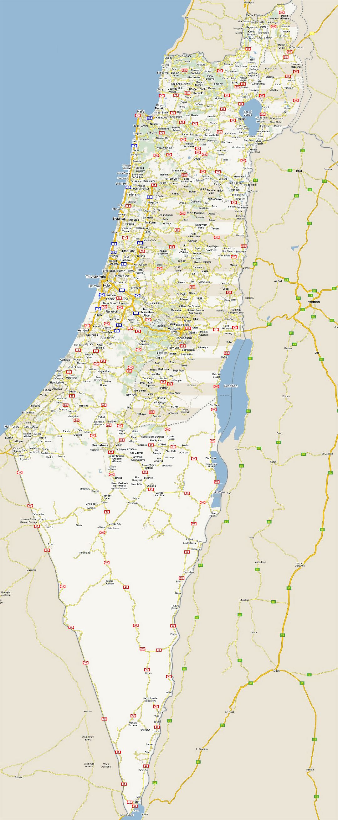 Большая детальная карта дорог Израиля со всеми городами
