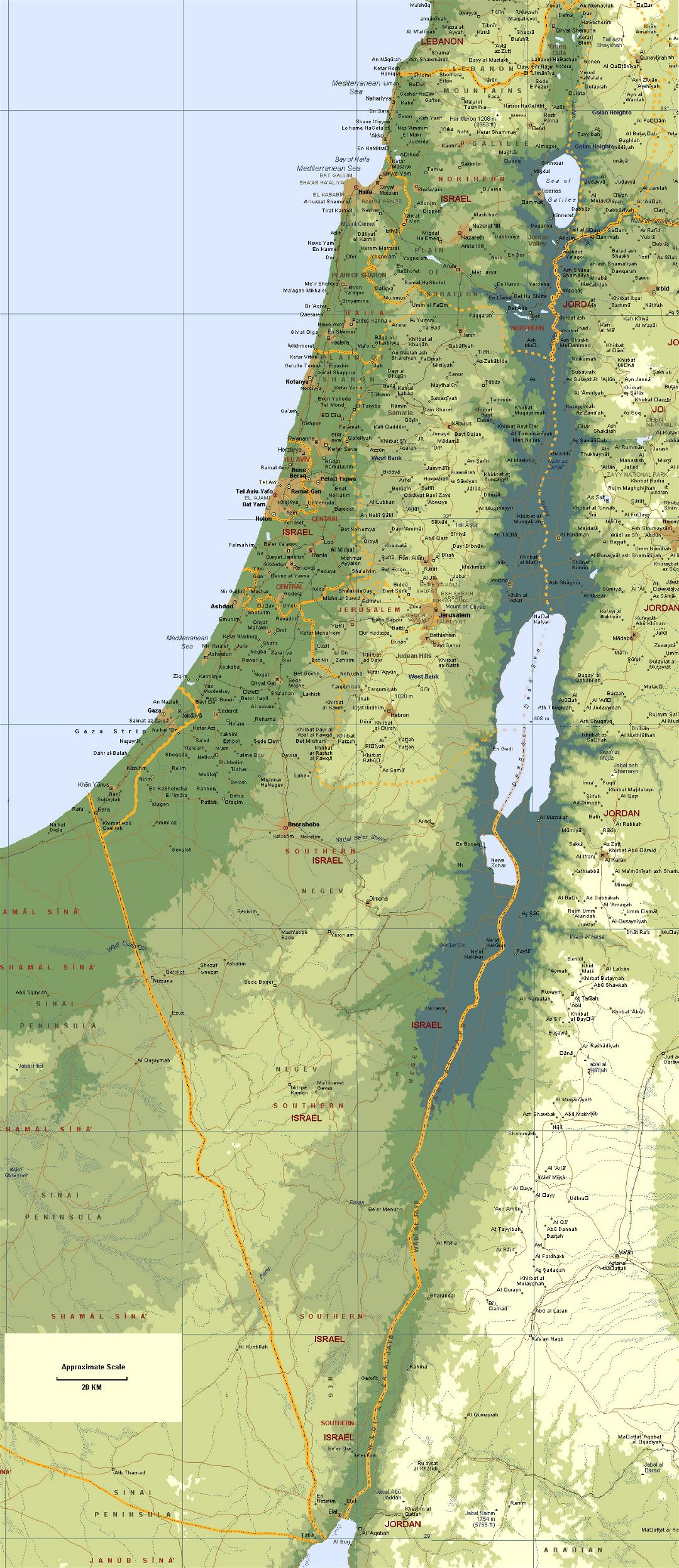 Большая карта высот Израиля с дорогами и городами