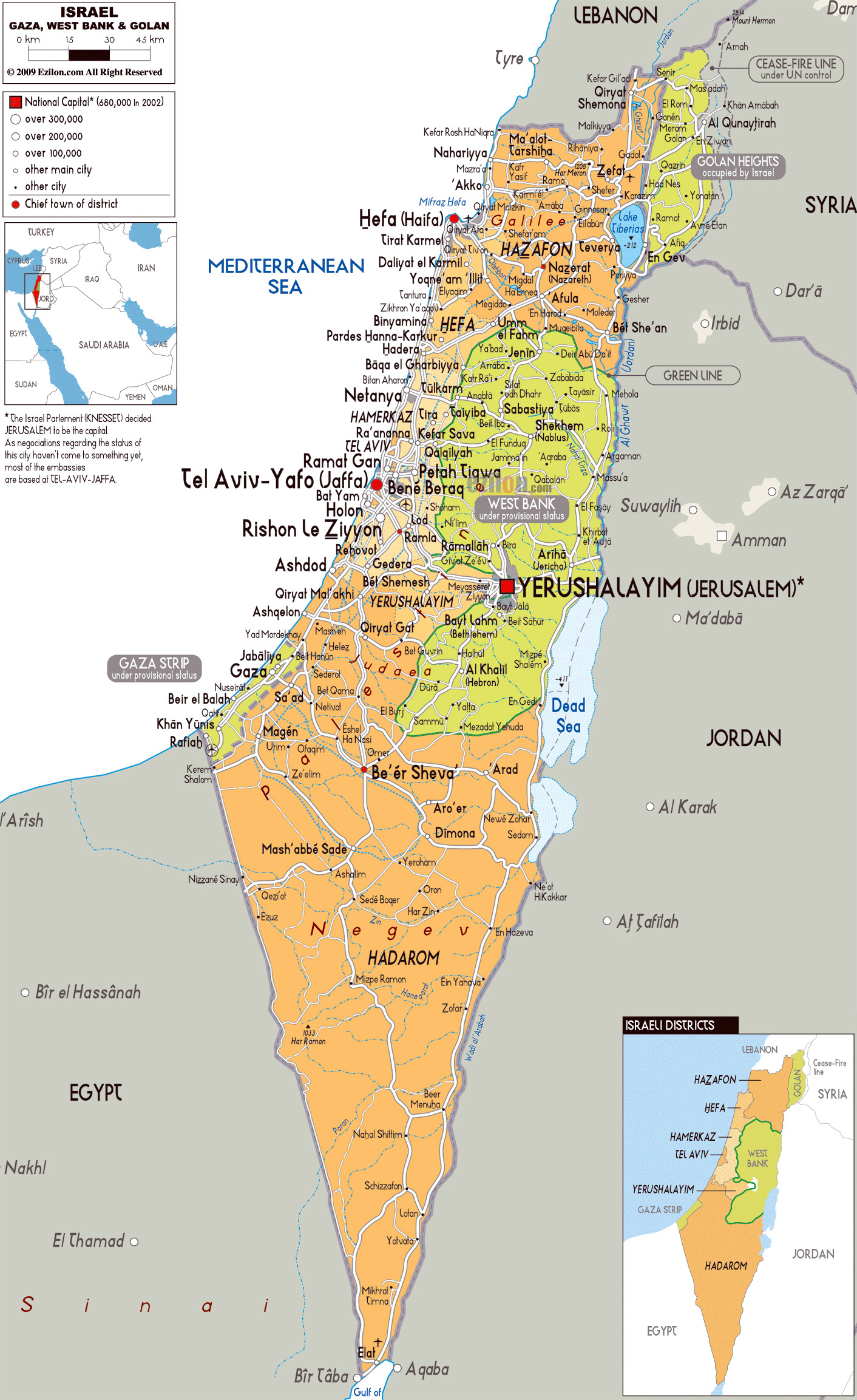 Большая политическая и административная карта Израиля с дорогами, городамии аэропортами