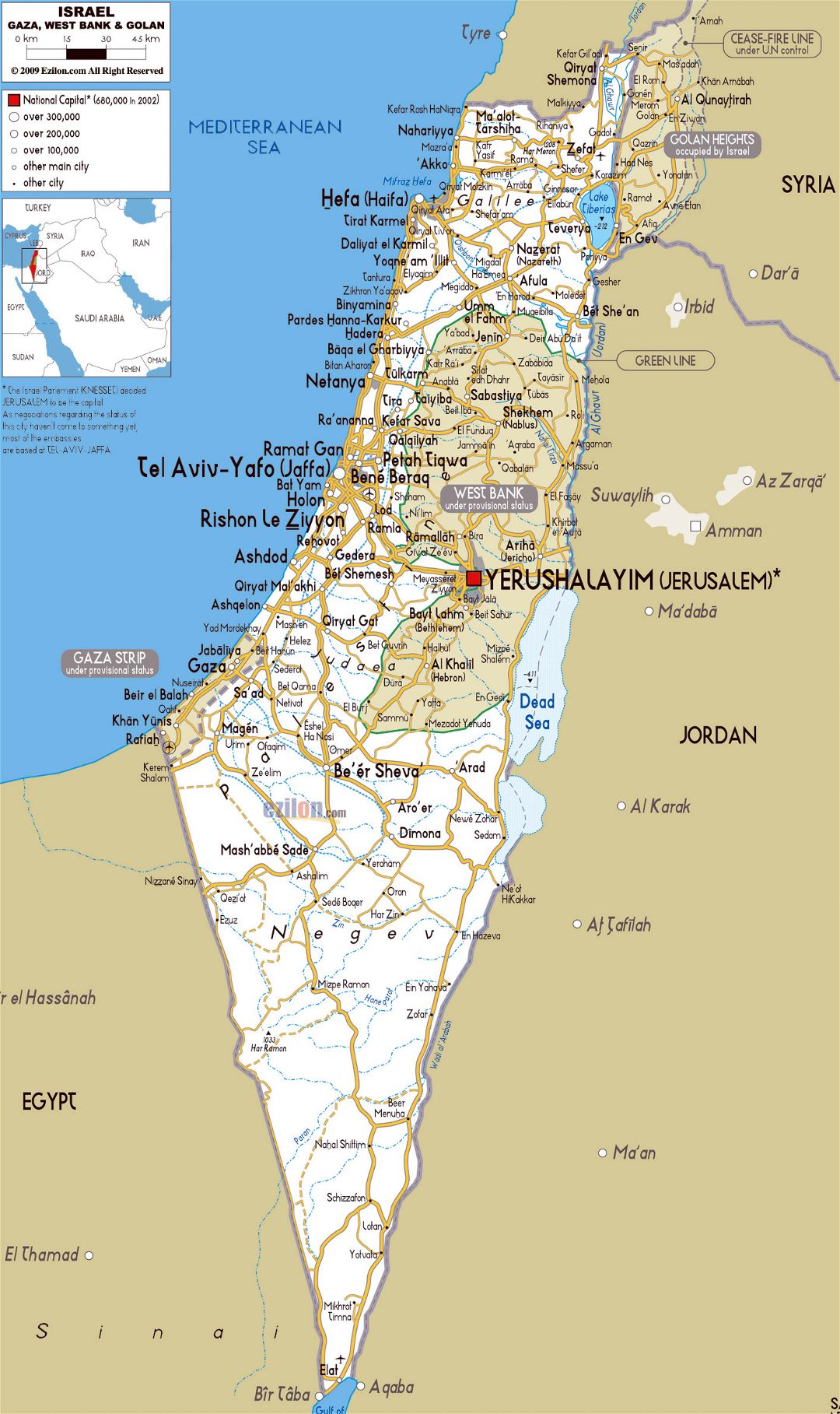 Большая карта дорог Израиля с городами и аэропортами