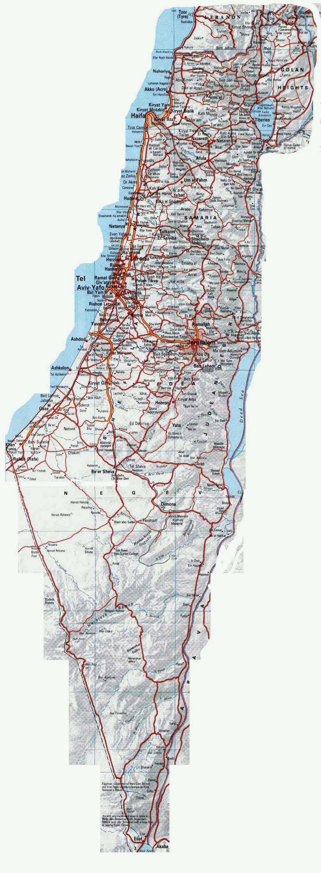 Большая карта дорог Израиля с рельефом и городами