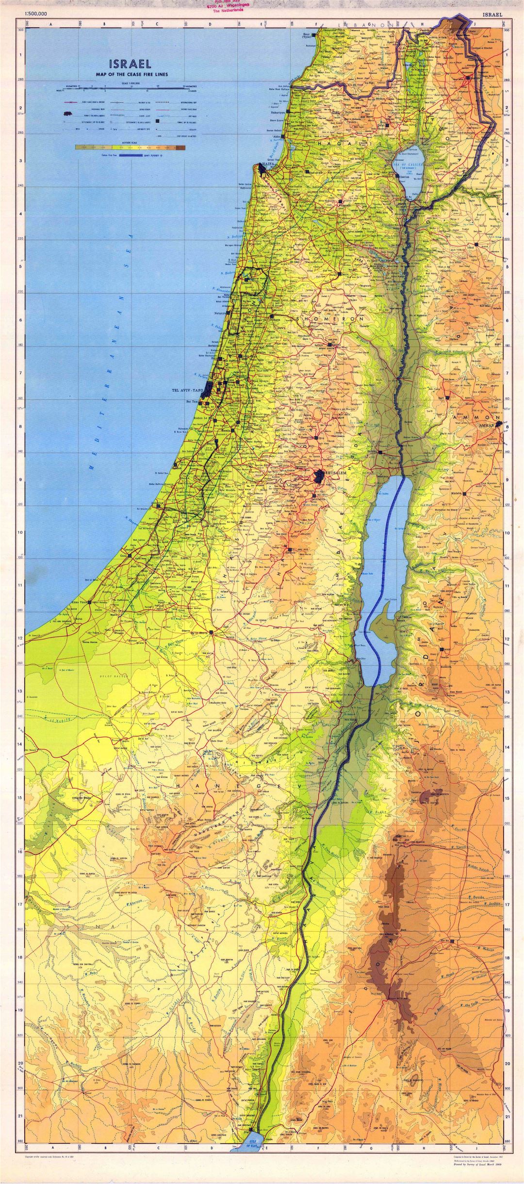 Крупномасштабная детальная физическая карта Израиля со всеми дорогами, городами и другими пометками