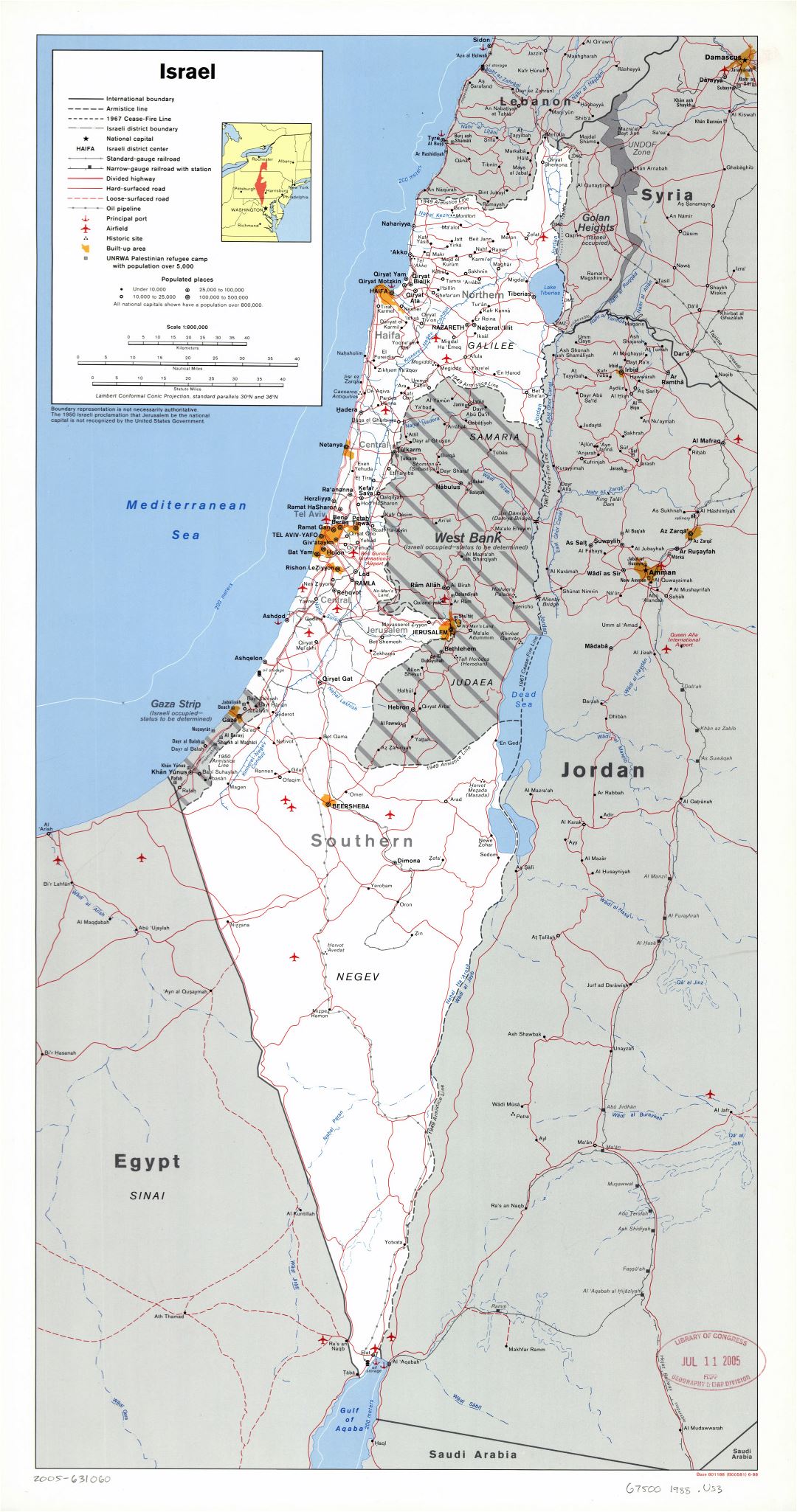 Крупномасштабная политическая и административная карта Израиля с дорогами, железными дорогами, городами, портами, аэропортами и другими пометками - 1988