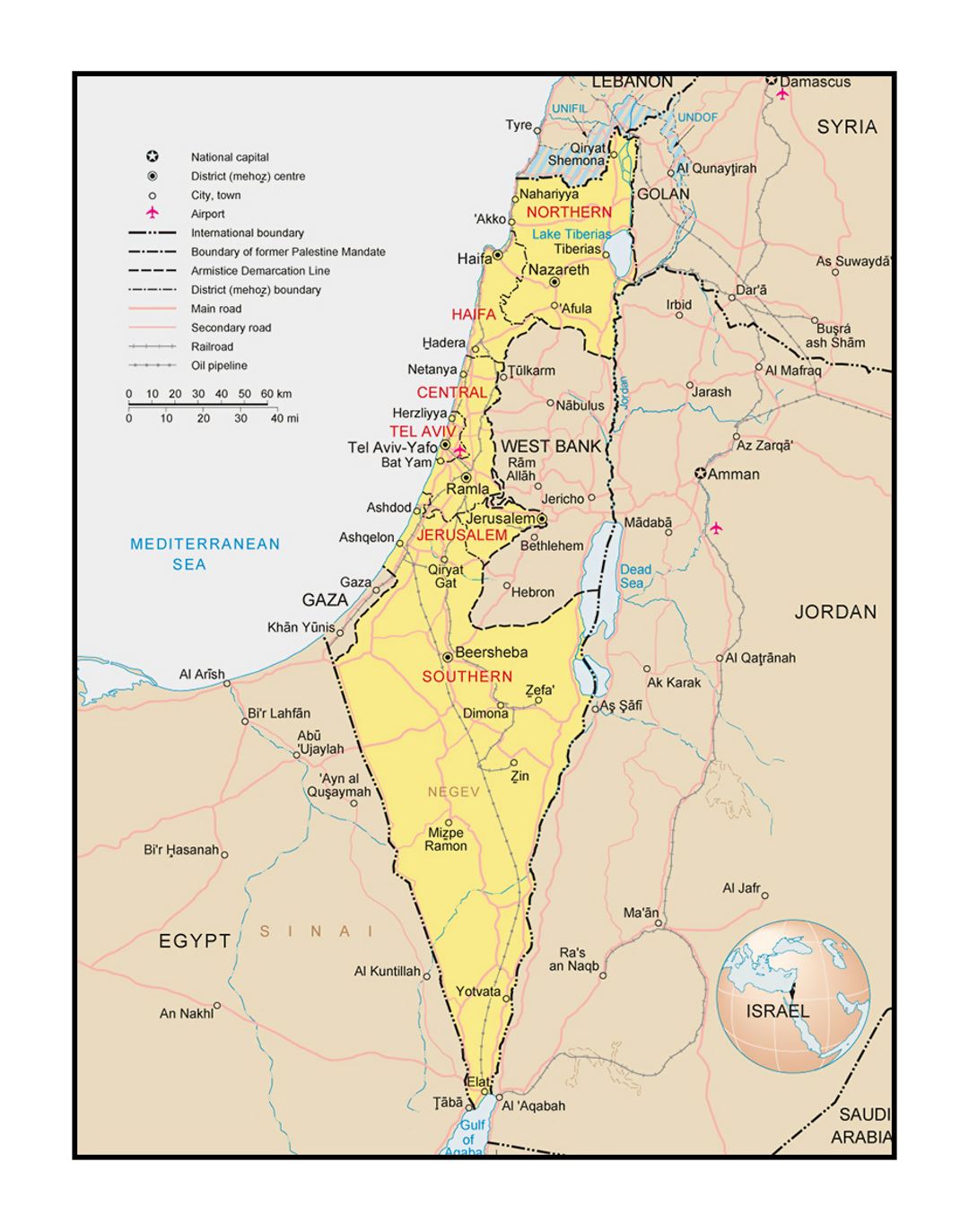 Политическая и административная карта Израиля с дорогами, городами, аэропортами и другими пометками