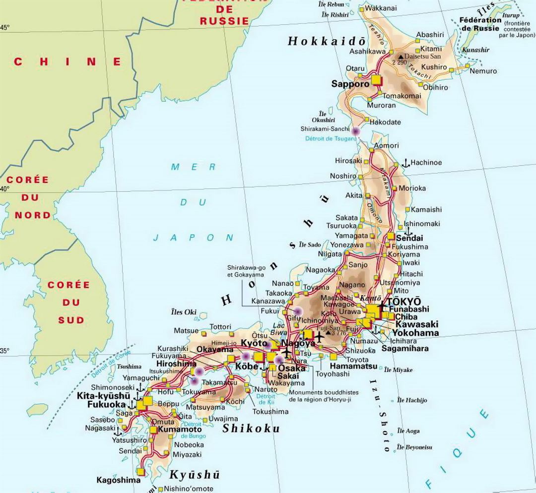 Детальная карта высот Японии с дорогами, городами и аэропортами