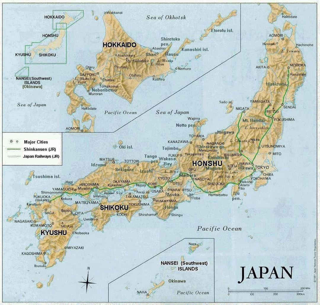 Детальная карта рельефа Японии с основными дорогами и городами