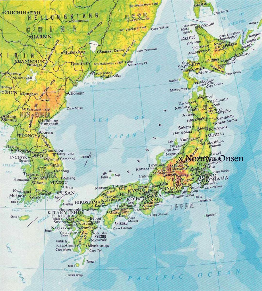 Карта высот Японии с дорогами и городами
