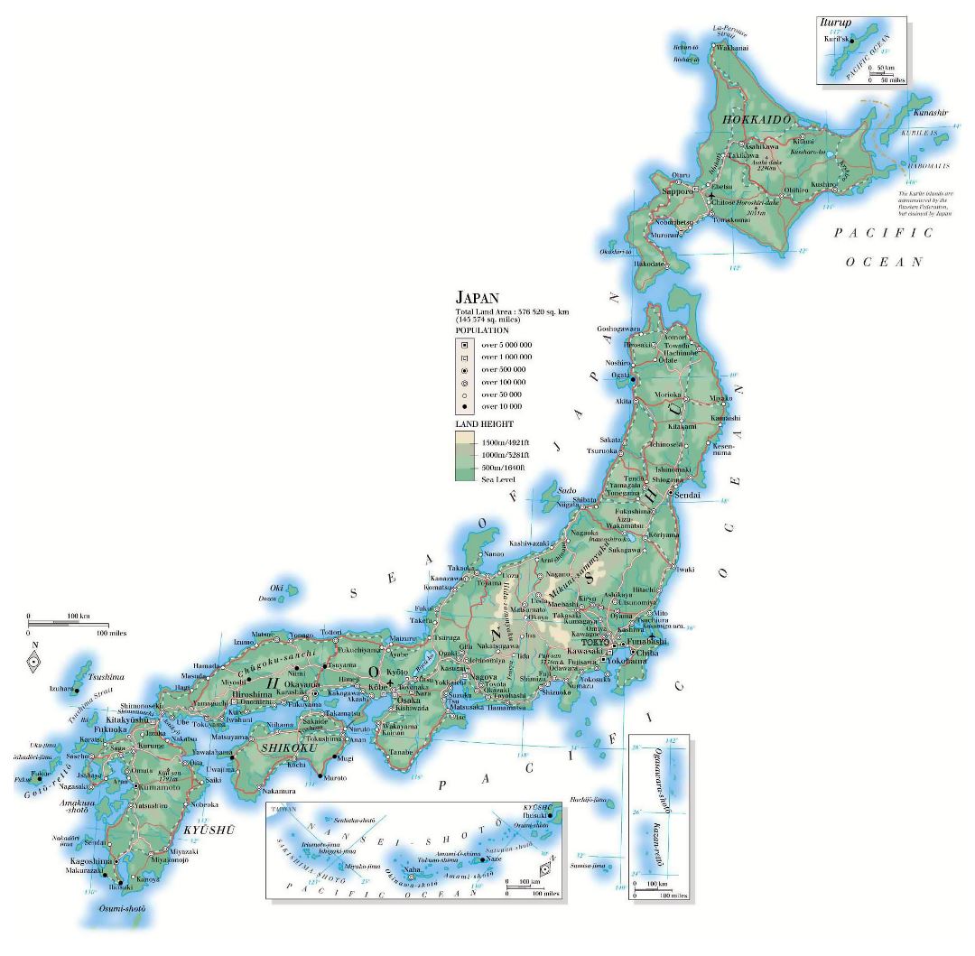 Большая детальная карта высот Японии с дорогами, городами и аэропортами