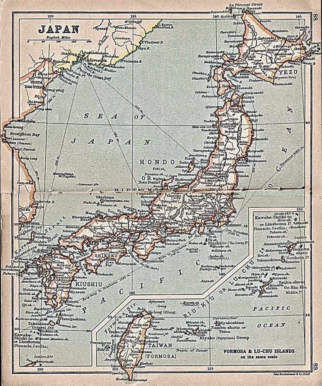 Большая детальная старая карта Японии с дорогами и городами - 1911