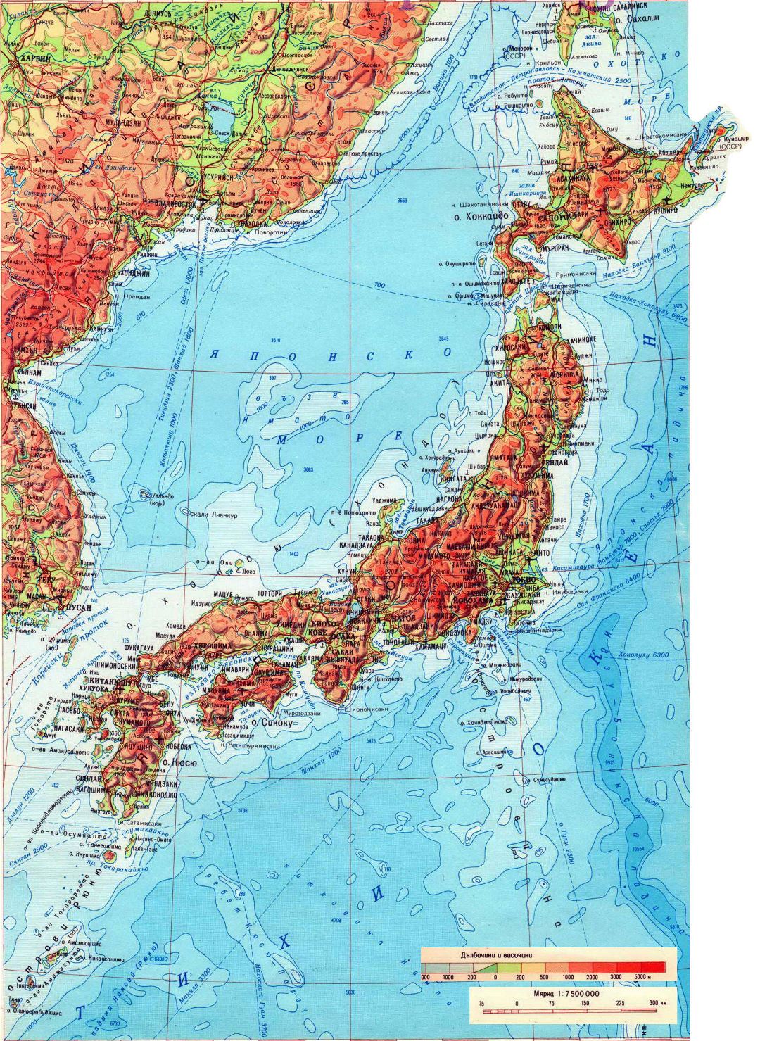 Большая детальная физическая карта Японии на русском языке
