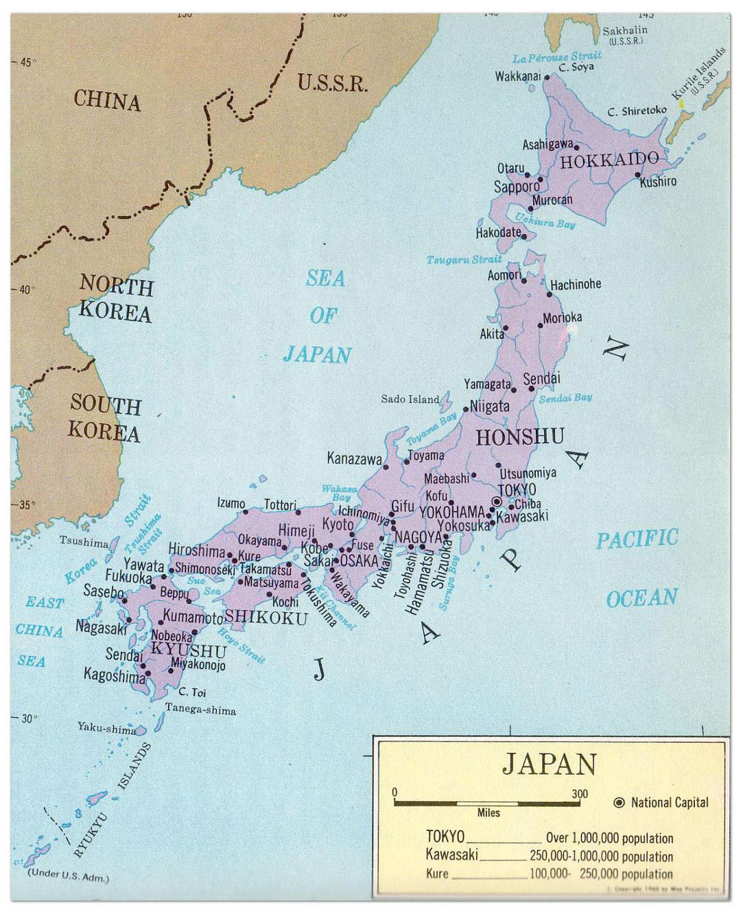 Большая политическая карта Японии с крупными городами - 1965