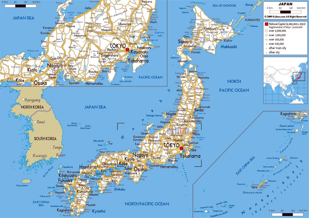 Большая карта дорог Японии с городами и аэропортами