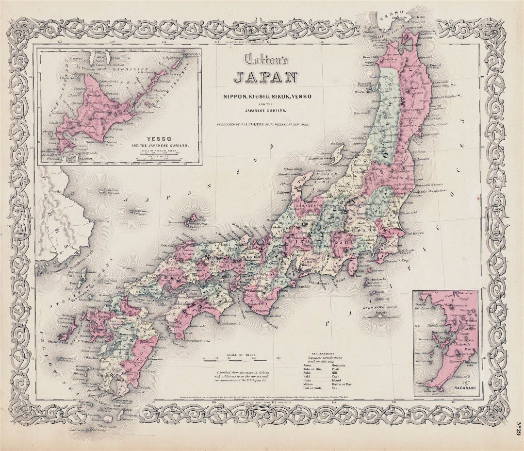 Крупномасштабная старая политическая и административная карта Японии с рельефом и городами - 1855