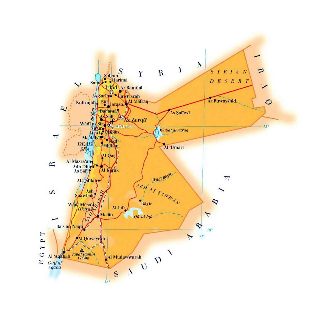 Детальная карта высот Иордании с дорогами, железными дорогами, городами и аэропортами