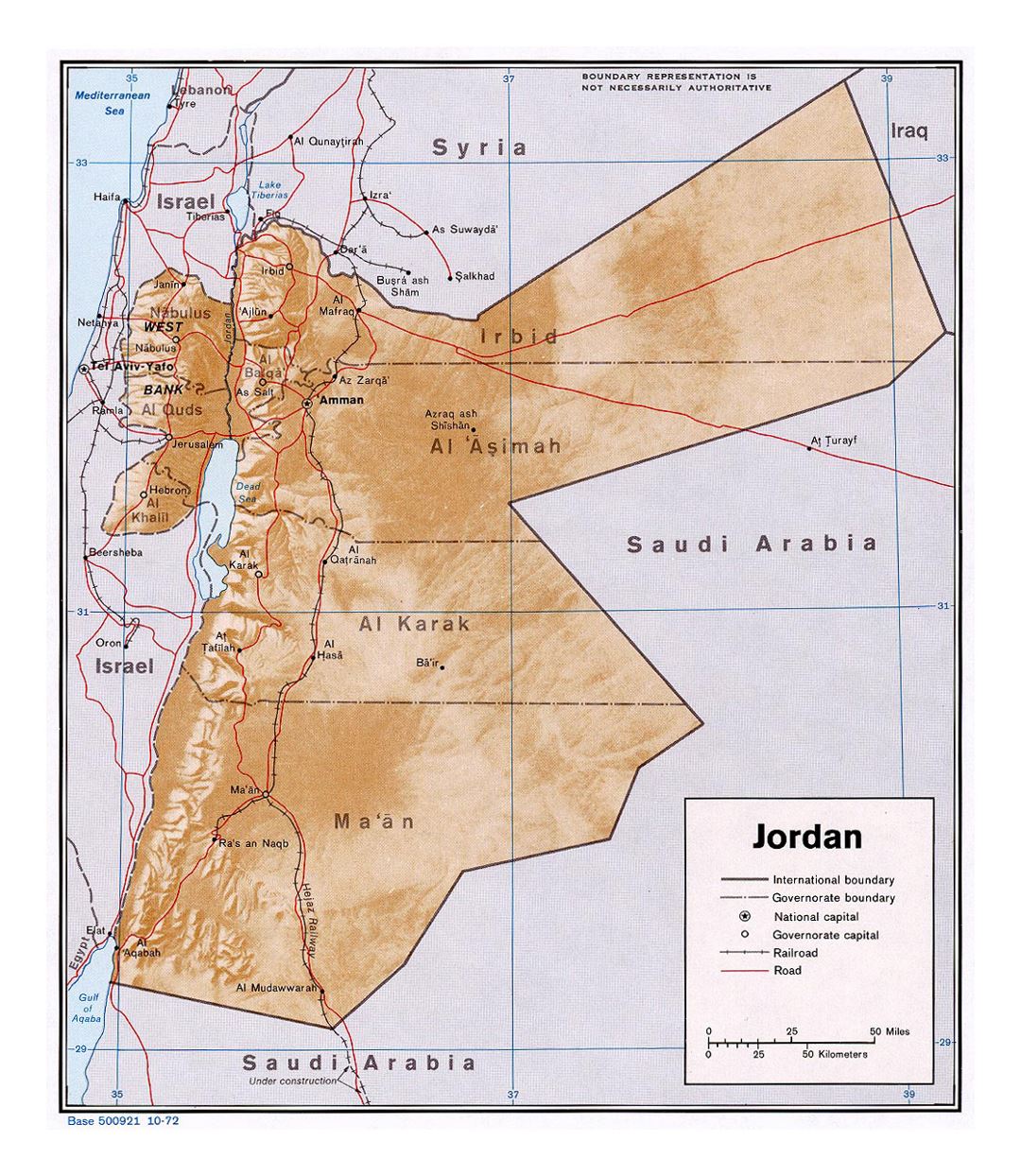 Детальная политическая и административная карта Иордании с рельефом , дороги, железные дороги и города - 1972