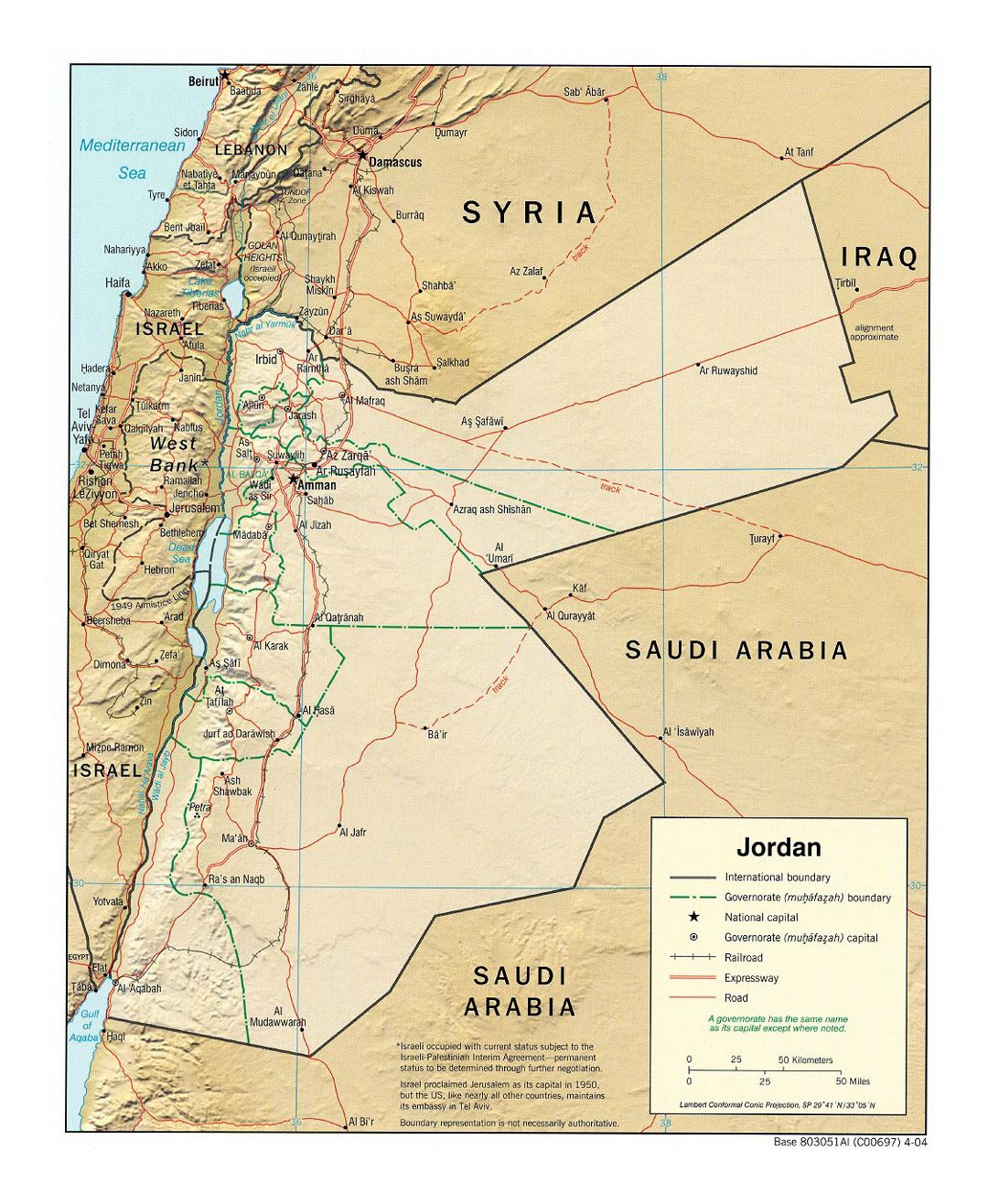 Детальная политическая и административная карта Иордании с рельефом, дорогами, железными дорогами и крупными городами - 2004