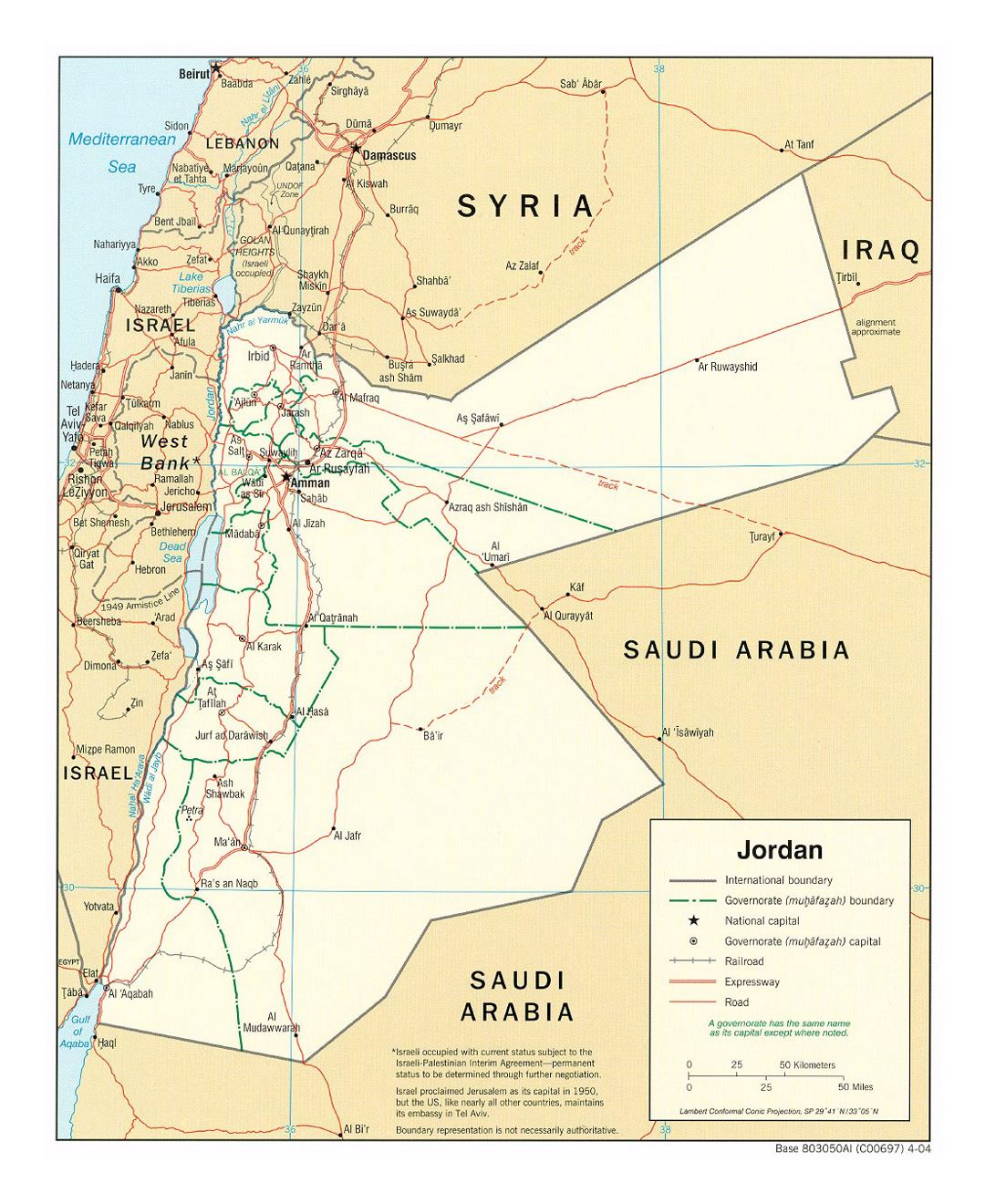 Детальная политическая и административная карта Иордании с дорогами, железными дорогами и крупными городами - 2004