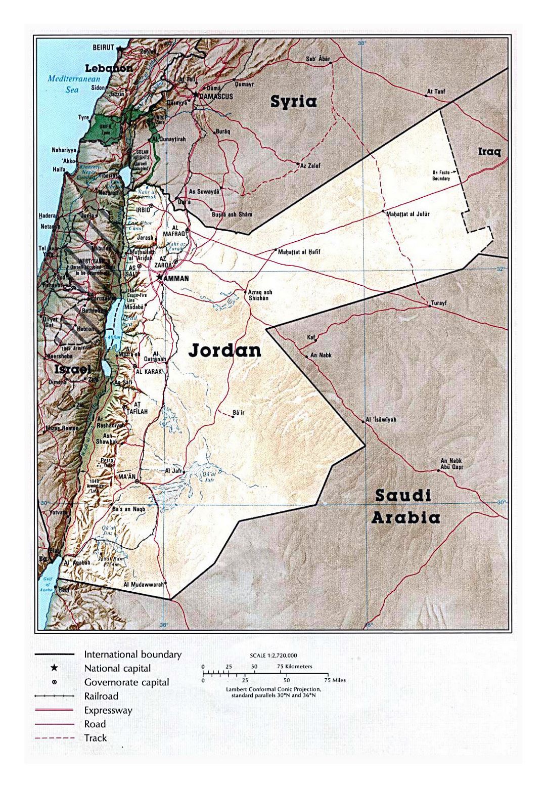 Детальная политическая карта Иордании с рельефом, дорогами, железными дорогами и крупными городами