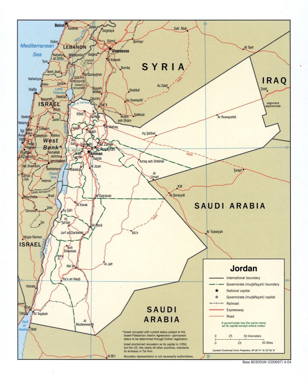 Большая детальная политическая и административная карта Иордании с дорогами, железными дорогами и крупными городами - 2004