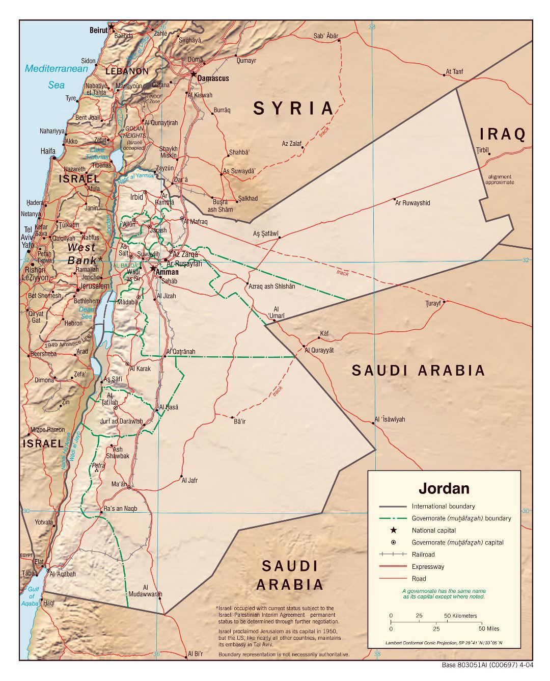 Большая политическая и административная карта Иордании с рельефом, дорогами, железными дорогами и крупными городами - 2004