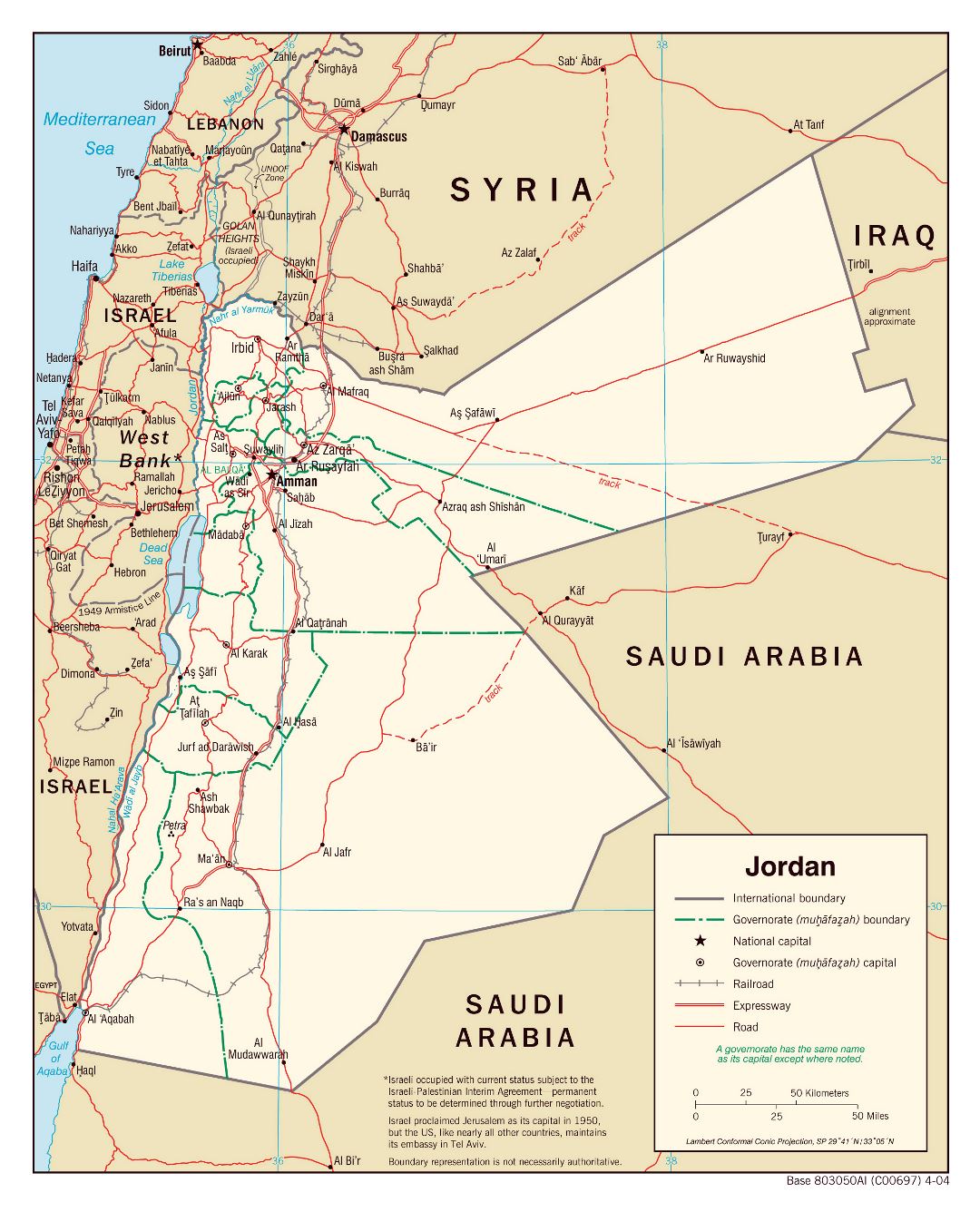 Большая политическая и административная карта Иордании с дорогами, железными дорогами и крупными городами - 2004