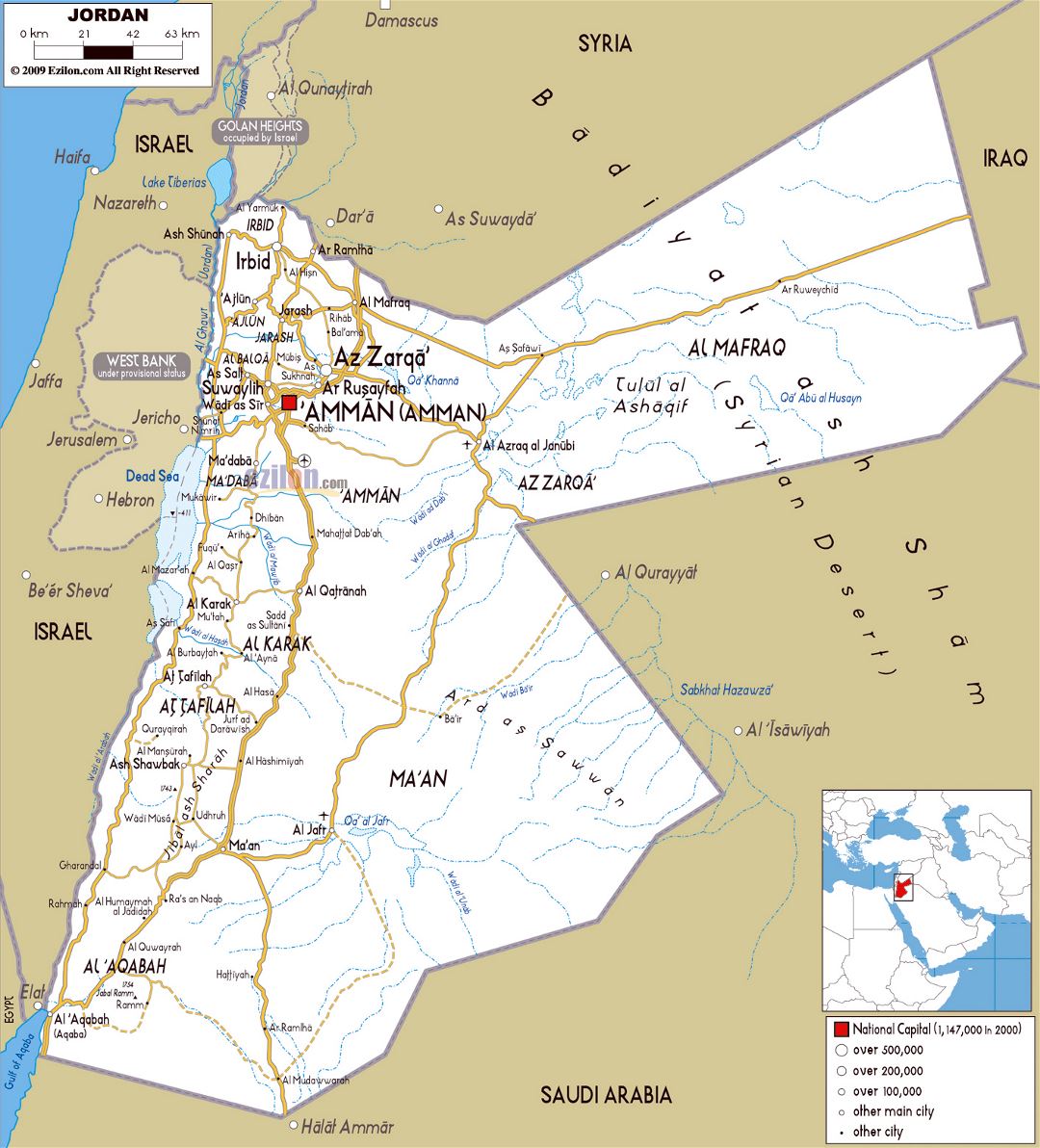 Большая карта дорог Иордании с городами и аэропортами