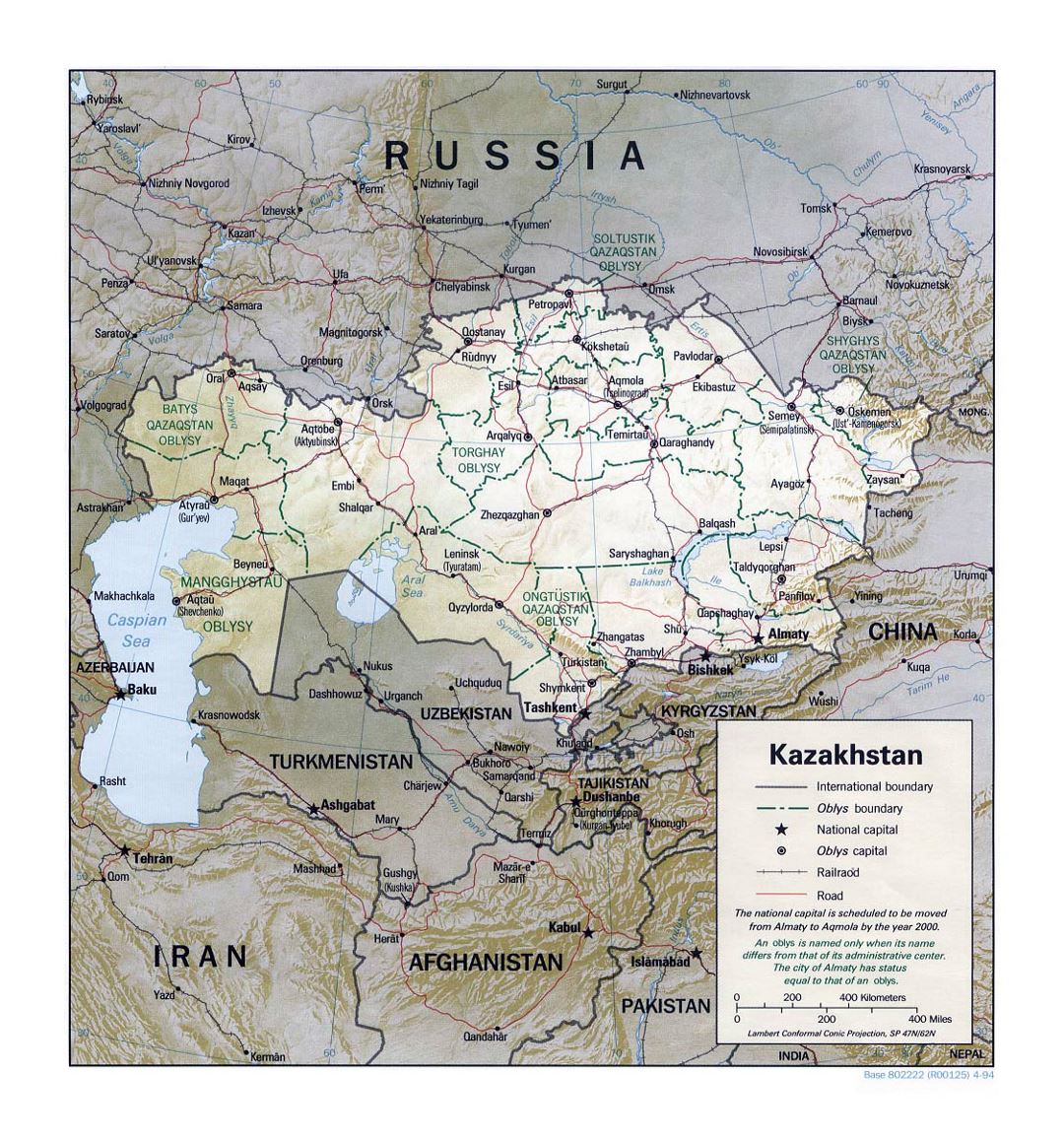 Детальная политическая и административная карта Казахстана с рельефом, дорогами, железными дорогами и крупными городами - 1994
