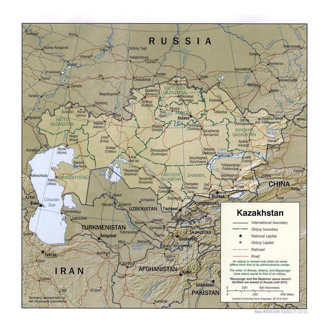 Детальная политическая и административная карта Казахстана с рельефом, дорогами, железными дорогами и крупными городами - 2001