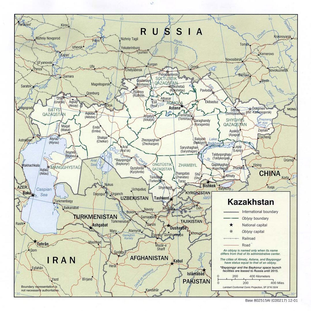 Детальная политическая и административная карта Казахстана с дорогами, железными дорогами и крупными городами - 2001