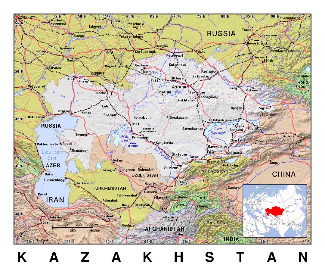 Детальная политическая карта Казахстана с рельефом